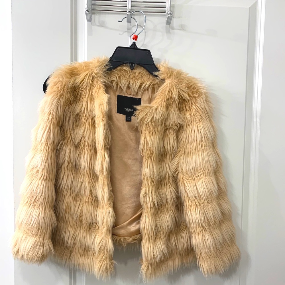 Faux Fur !!  blush colored cropped jacket.